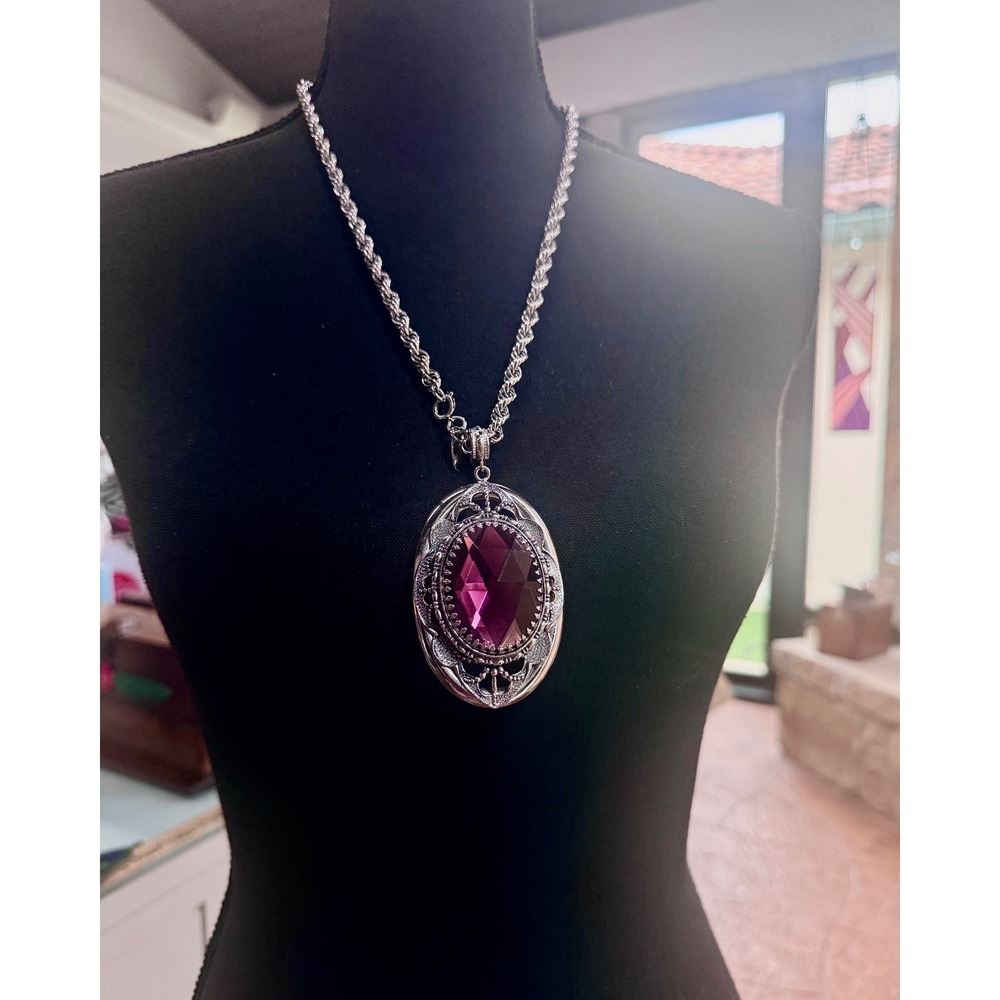 Vintage Whiting & Davis Amethyst Glass Pendant Necklace Silver Rope Chain